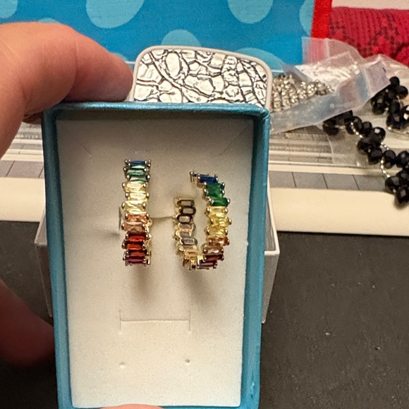 Vibrant Gold Plated Multicolor Hoop Earrings - Picture 3 of 11